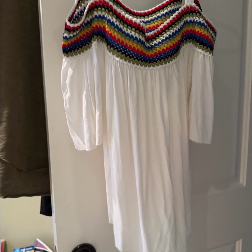White Off-Shoulder Top with Multicolor Crochet Detail